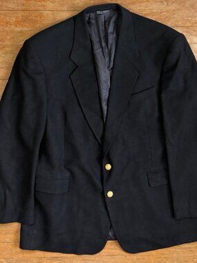 Vintage Mens Black Blazer Size 44R 70s Gold Button Felted Sport Coat Suit Jacket